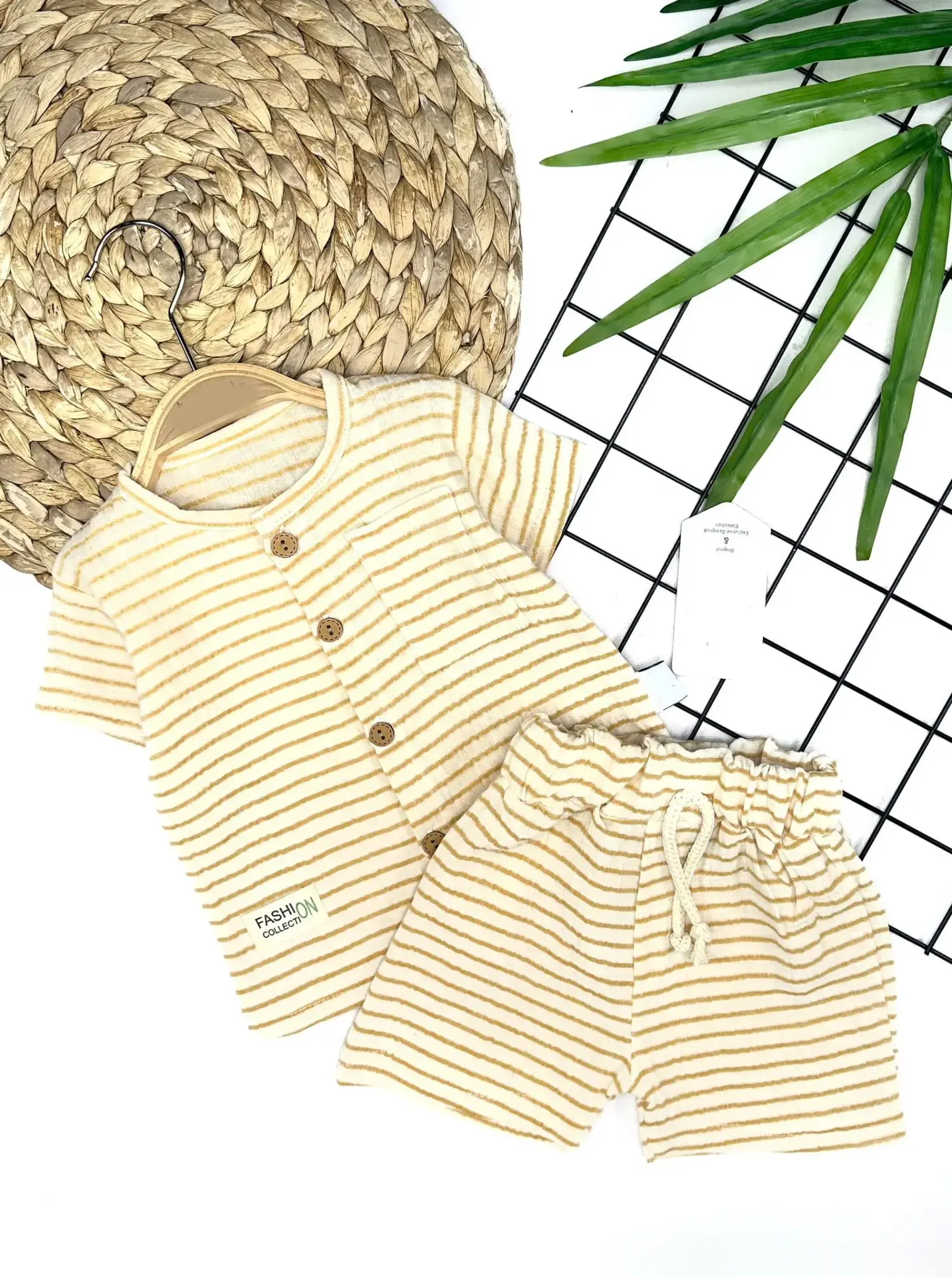 9-12-18-24 Ay Düğme Detaylı Çizgili Müslin Kumaş Yazlık 2li Erkek Bebek Takımı