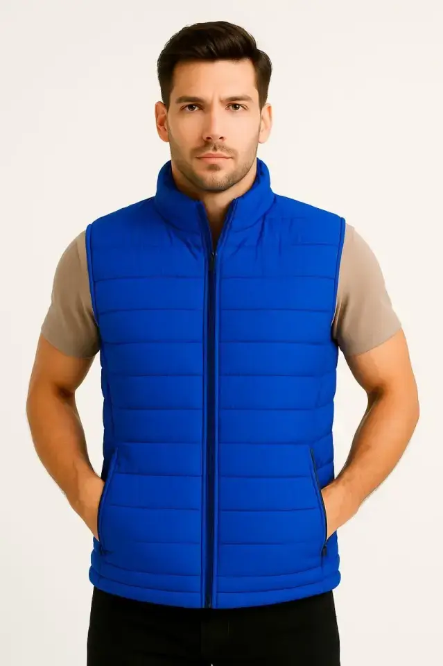 Şişme Fermuarlı Yelek Su Itici Kapitone Astarlı Kumaş Cepli Hafif Kışlık Spor