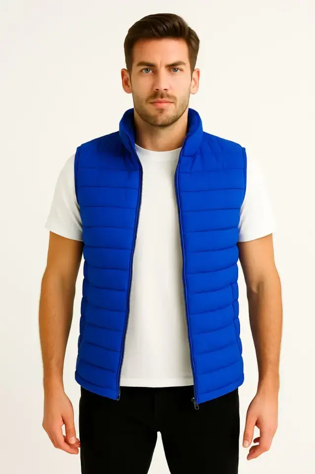 Şişme Fermuarlı Yelek Su Itici Kapitone Astarlı Kumaş Cepli Hafif Kışlık Spor