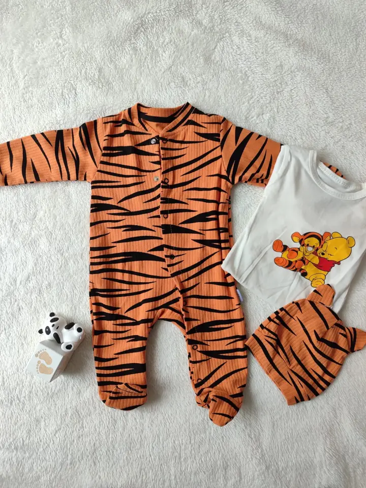 3-6-9-12 Ay Pooh Desenli Zebra Çizgili Şapkalı Sweatli 3lü Kız Erkek Bebek Tulumu(sarı)