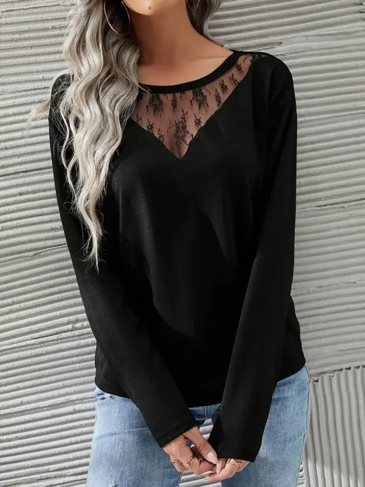 Kadın Uzun Kollu Geniş Yuvarlak Yaka Dantelli Viskon Iki Iplik Bluz