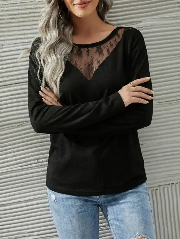 Kadın Uzun Kollu Geniş Yuvarlak Yaka Dantelli Viskon Iki Iplik Bluz