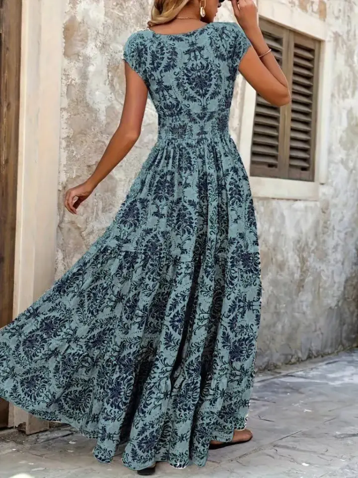 Kadın Kısa Kollu Kruvaze Yaka Beli Lastikli Süprem Maksi Boy Elbise