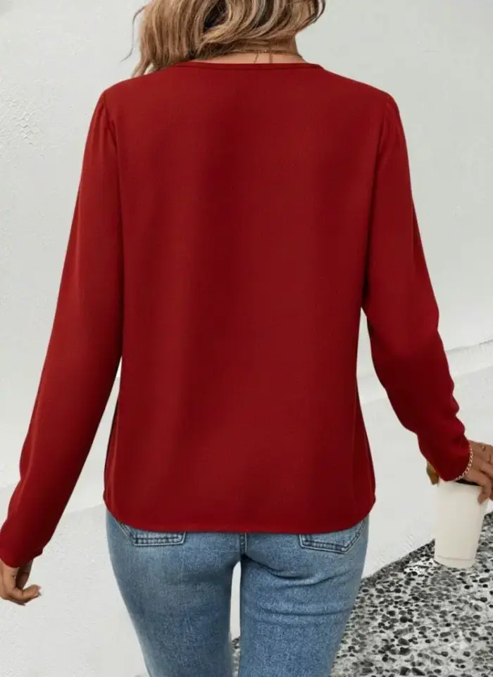 Kadın Uzun Kollu V Parlak Yaka Detaylı Viskon Bluz