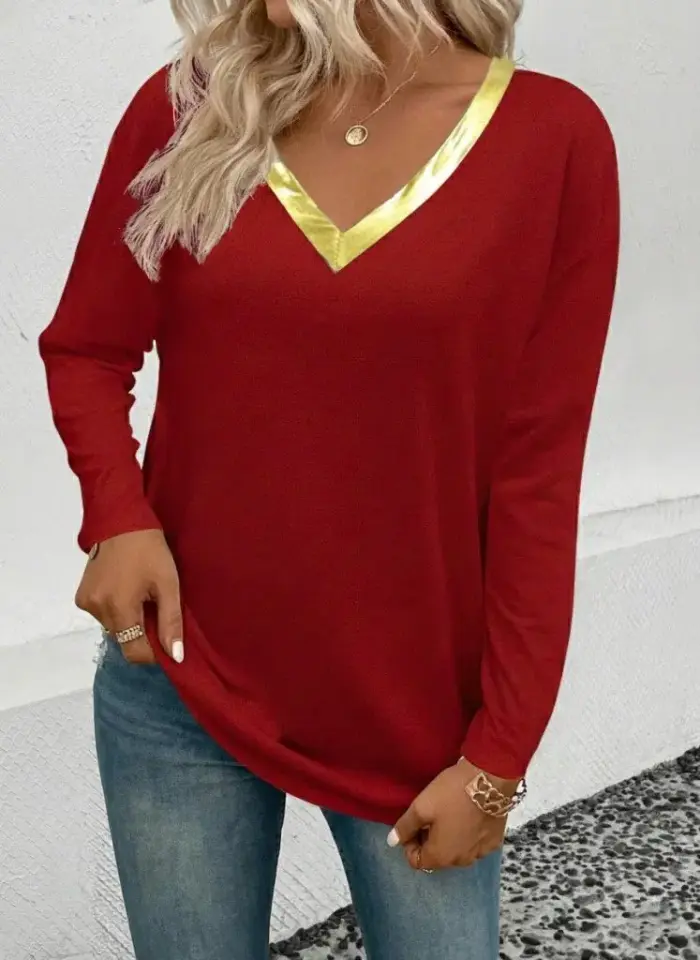 Kadın Uzun Kollu V Parlak Yaka Detaylı Viskon Bluz