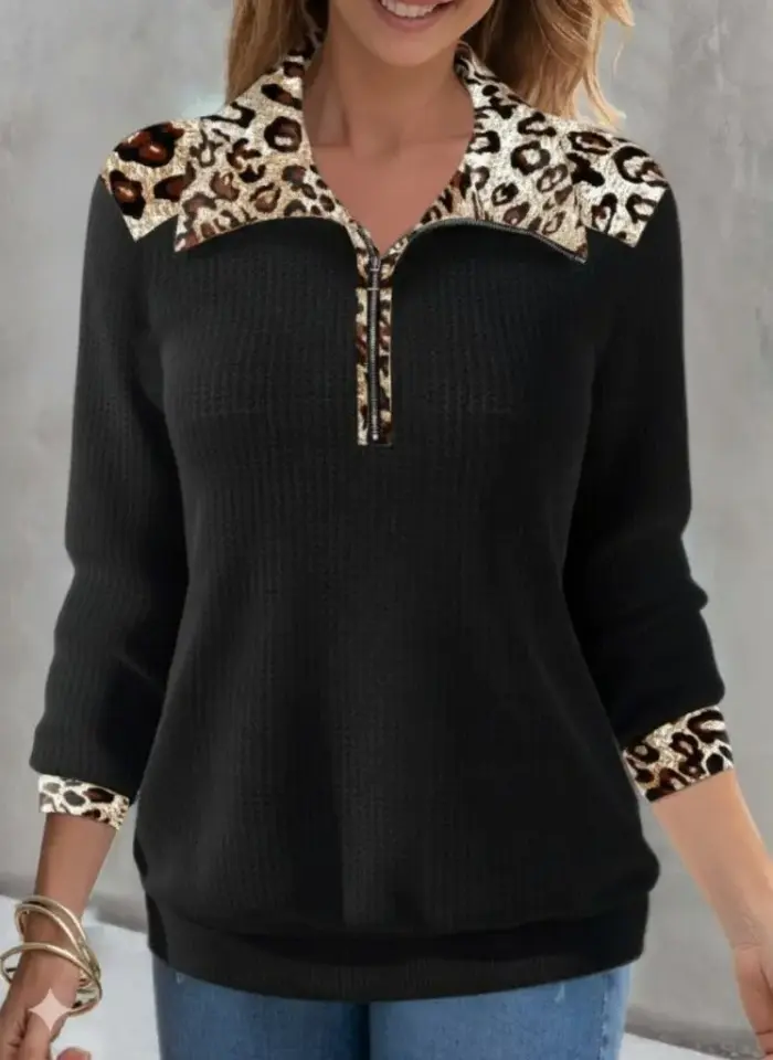 Kadın Uzun Kollu Leopar Yakalı Fermuarlı Waffle Bluz