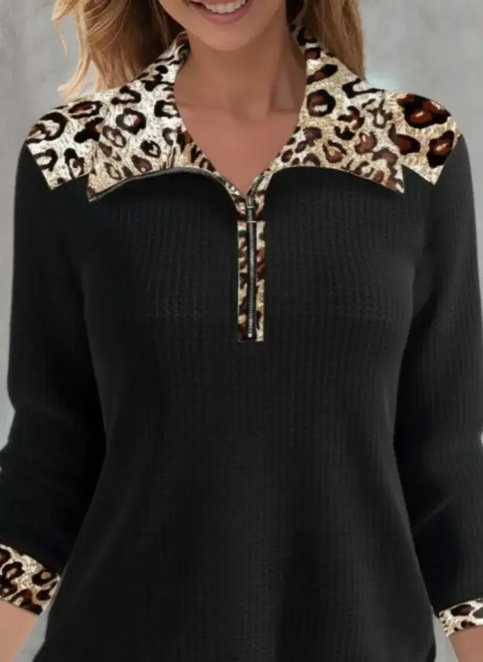 Kadın Uzun Kollu Leopar Yakalı Fermuarlı Waffle Bluz