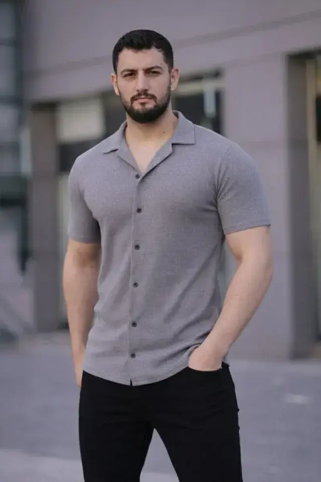Erkek Waffle Kumaş Kısa Kollu Düğmeli Açık Yaka Regular Fit Gömlek - Gri