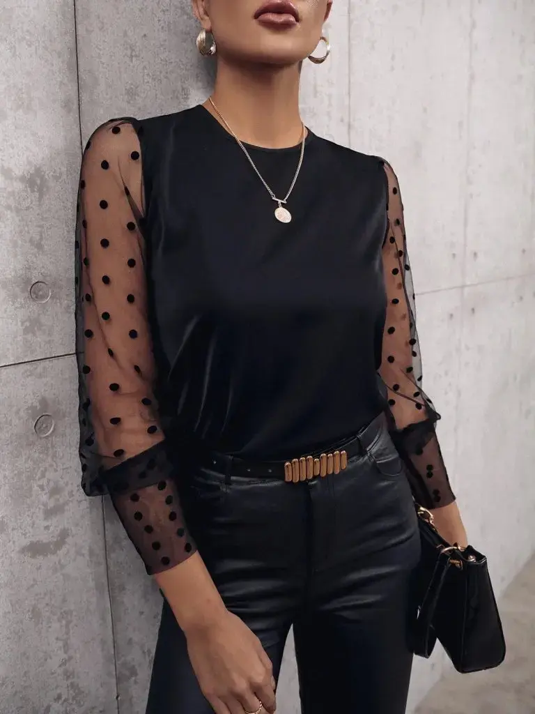 Kadın Uzun Kollu Bisiklet Yaka Kollar Puantiyeli Tül Detaylı Sandy Bluz