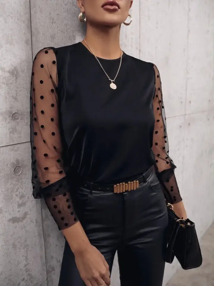 Kadın Uzun Kollu Bisiklet Yaka Kollar Puantiyeli Tül Detaylı Sandy Bluz
