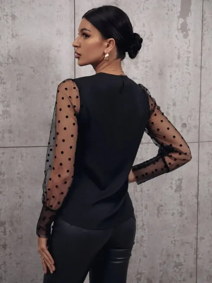 Kadın Uzun Kollu Bisiklet Yaka Kollar Puantiyeli Tül Detaylı Sandy Bluz