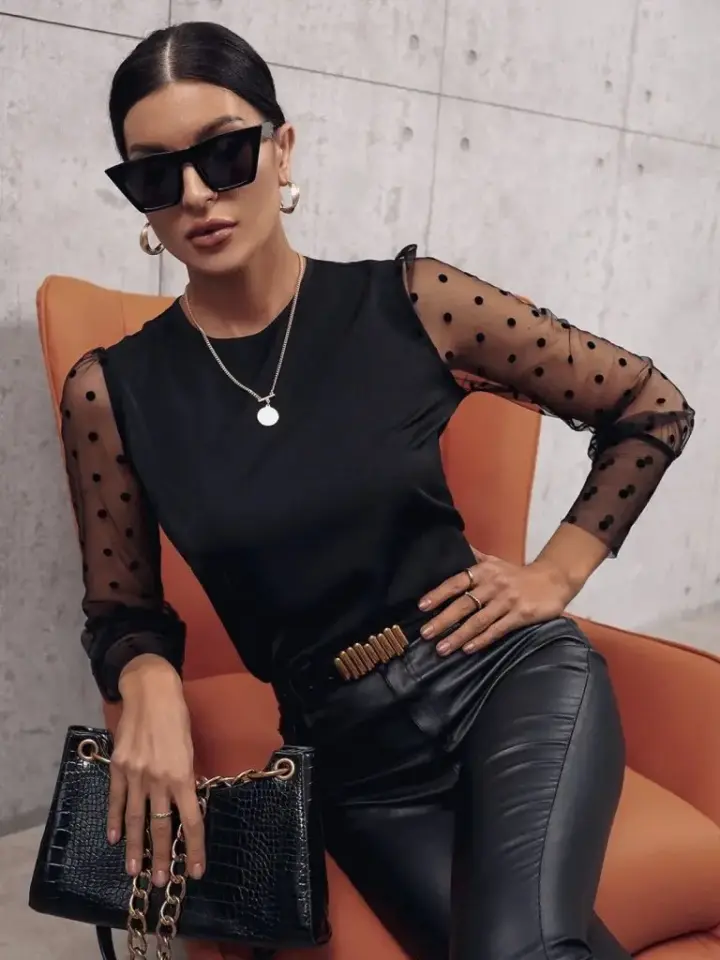 Kadın Uzun Kollu Bisiklet Yaka Kollar Puantiyeli Tül Detaylı Sandy Bluz