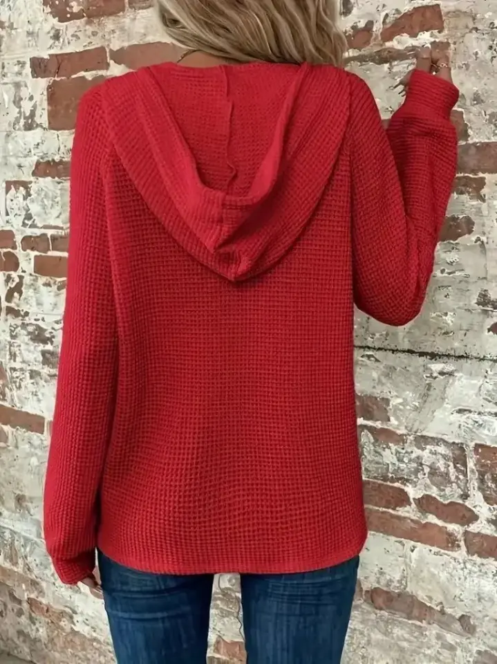 Kadın Uzun Kollu Kapşonlu önü Düğmeli Ve Bağcıklı Waffle Bluz