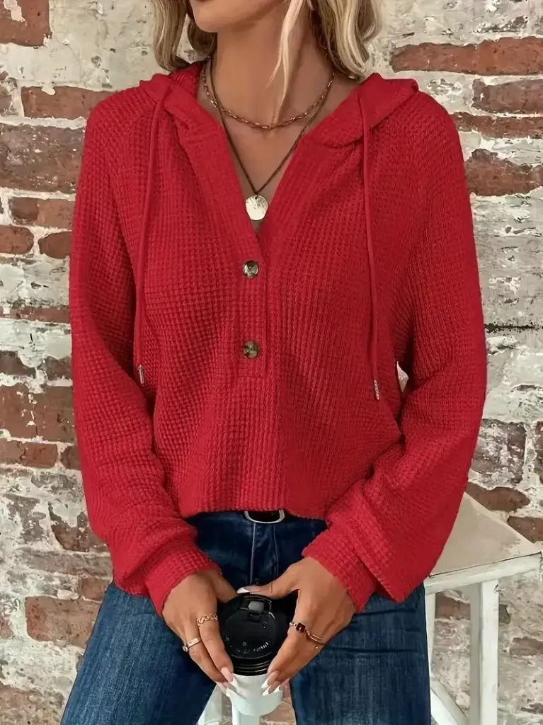 Kadın Uzun Kollu Kapşonlu önü Düğmeli Ve Bağcıklı Waffle Bluz