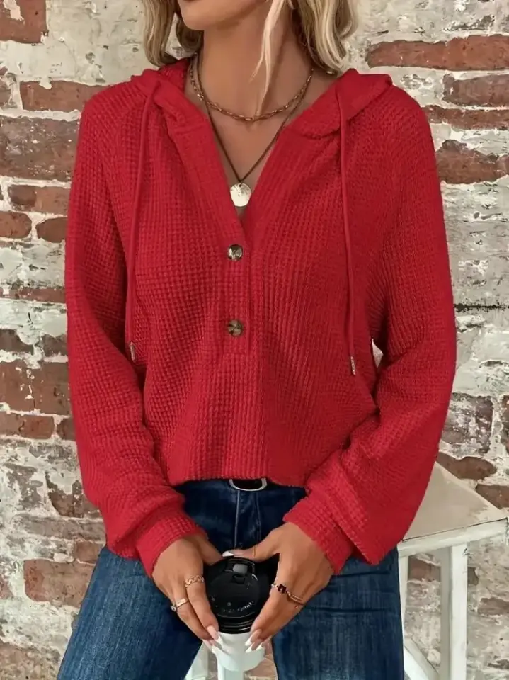 Kadın Uzun Kollu Kapşonlu önü Düğmeli Ve Bağcıklı Waffle Bluz
