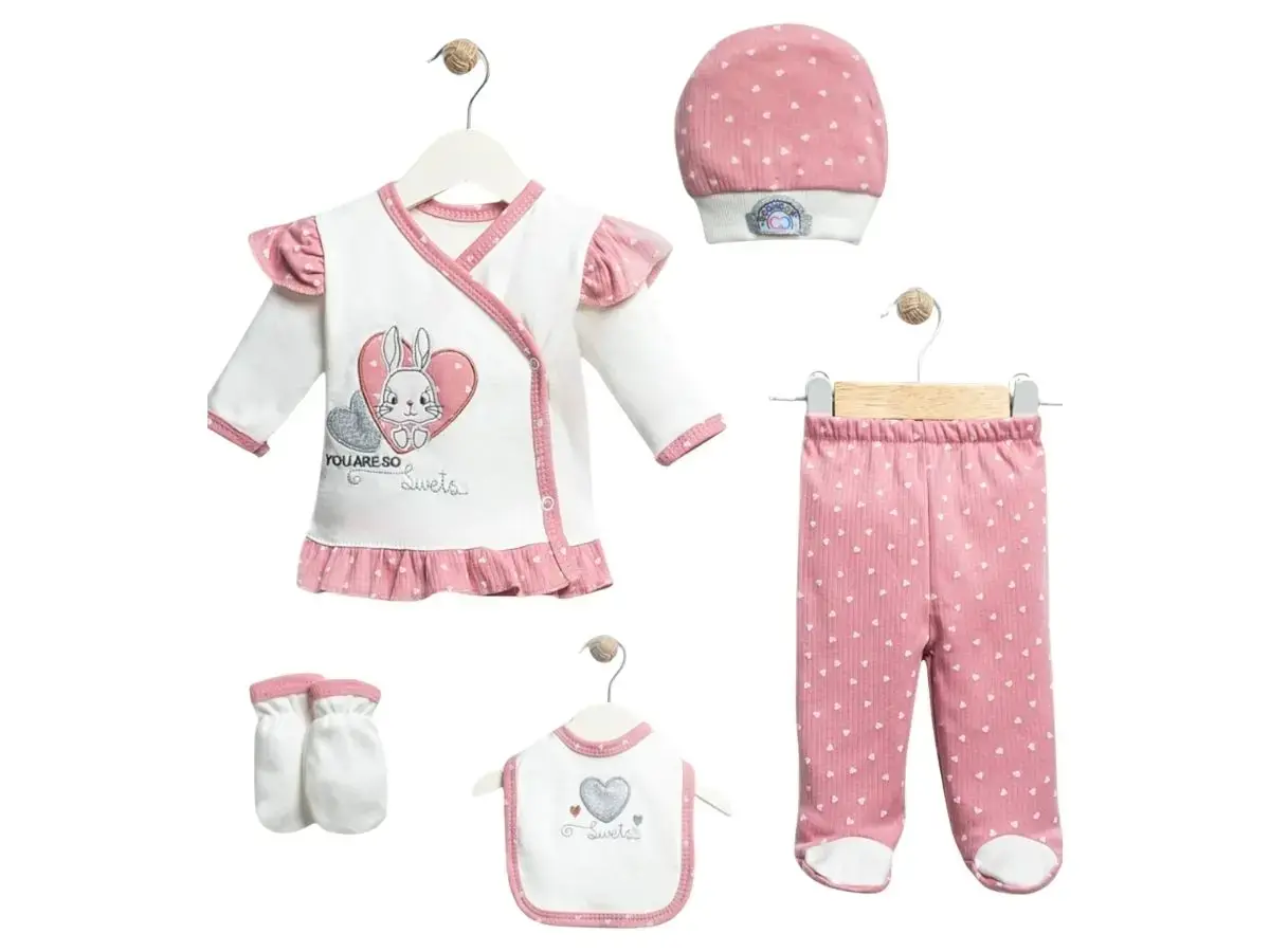 5’li Concon Fistolu Tavşan Desenli Lüks Zıbın Takımı – 1-3 Ay Kız Bebek