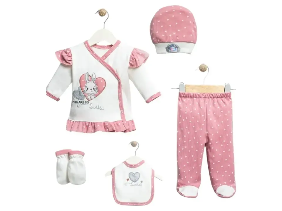 5’li Concon Fistolu Tavşan Desenli Lüks Zıbın Takımı – 1-3 Ay Kız Bebek
