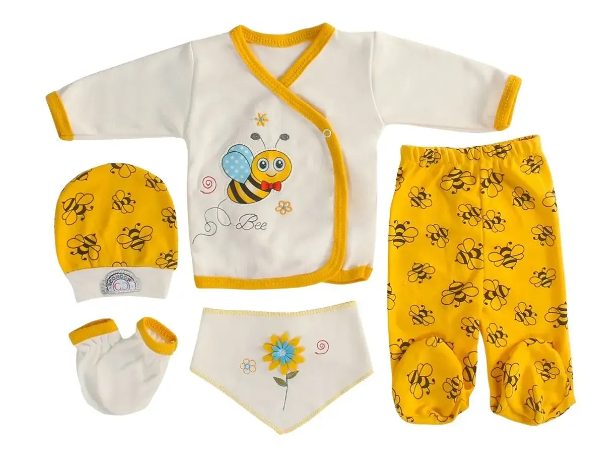 5`li Şişme Mini Arı Desenli Unisex Zıbın Takımı – Yenidoğan Seti
