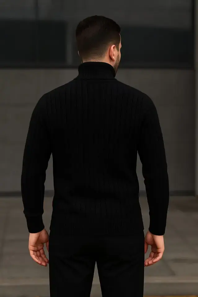 Erkek Balıkcı Yaka Bağazlı Triko Kazak Pamuklu Kalın Fitilli Dokuma, Regular Fit Uzun Kollu Kışlık Model - Siyah