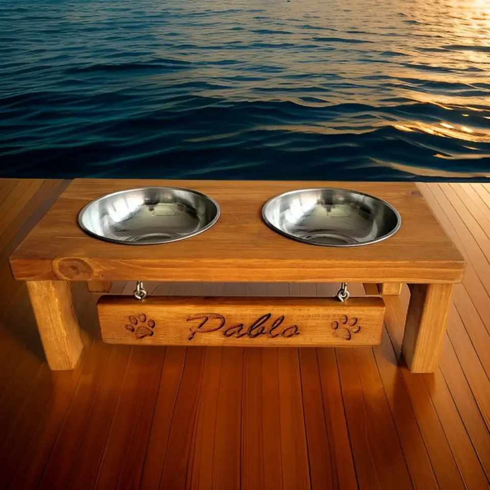 Pati Doğal Ahşap Özel İsim İşlemeli Mama Ve Su Kabı CPT5011-45