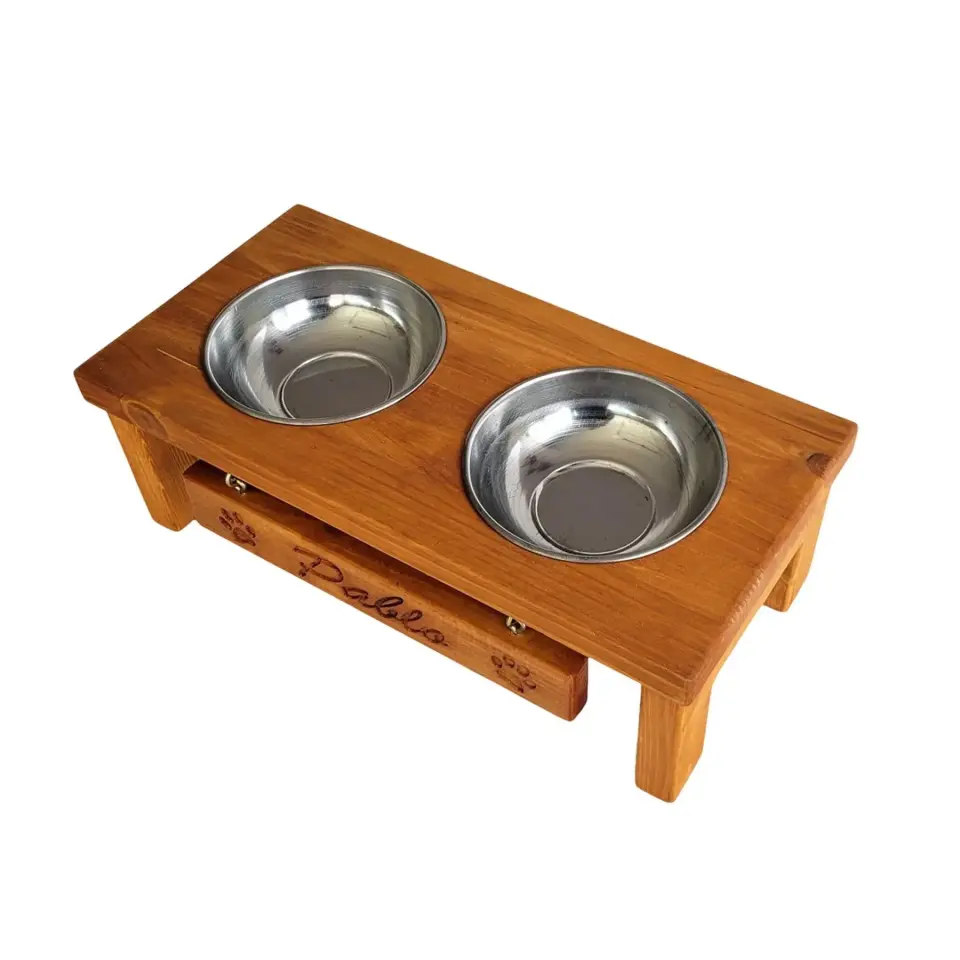 Pati Doğal Ahşap Özel İsim İşlemeli Mama Ve Su Kabı CPT5011-45