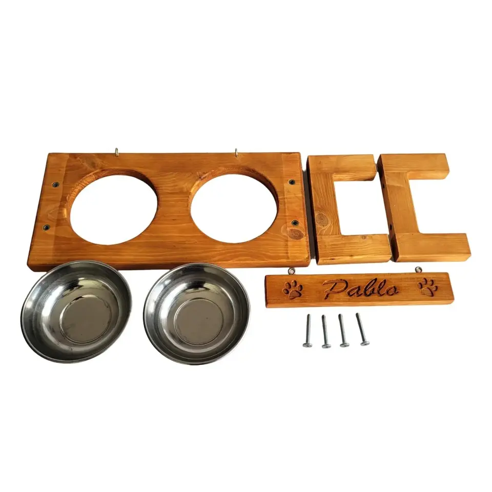 Pati Doğal Ahşap Özel İsim İşlemeli Mama Ve Su Kabı CPT5011-45