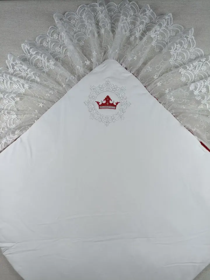 Yenidoğan Saray Kadife Taç Nakışlı İnci Fiyonklu Dantel Duvak Trilüks Kundak Bebek Battaniye