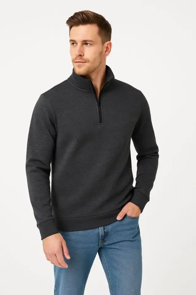 Erkek Dik Yaka Sweatshirt Dik Yaka Yarım Fermuarlı 3 İplik Şardonlu Pamuk Kumaş - Antrasit