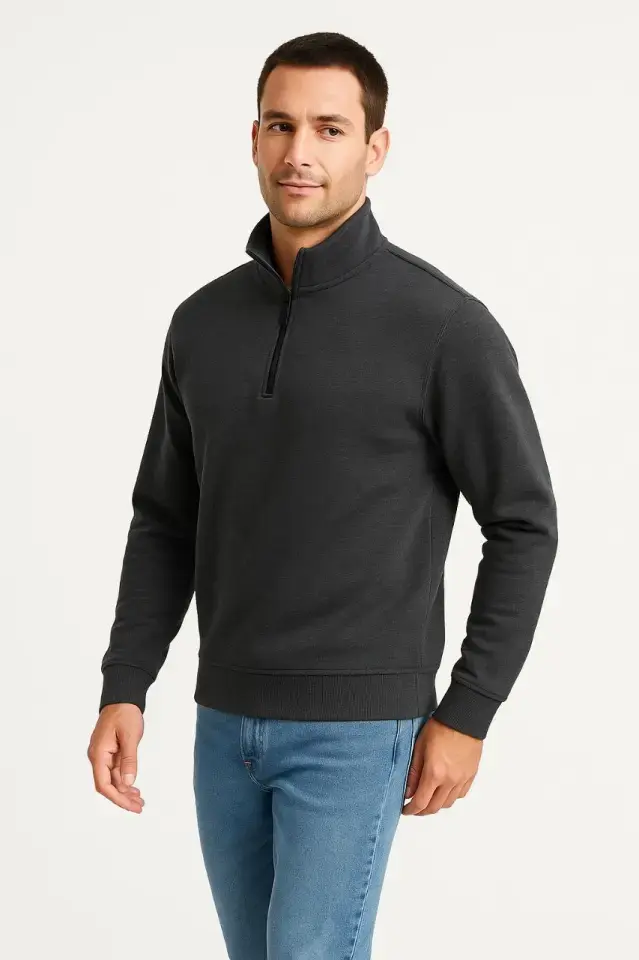 Erkek Dik Yaka Sweatshirt Dik Yaka Yarım Fermuarlı 3 İplik Şardonlu Pamuk Kumaş - Antrasit