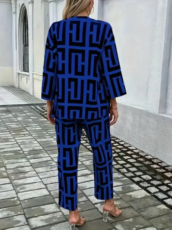 Kadın Uzun Kollu önü Açık Desenli Iki Iplik Ceket Ve Pantolon Ikili Takım