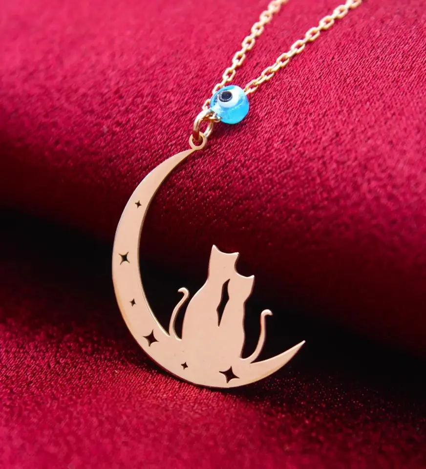14K Altın Kaplama / Gümüş Ay ve Kedi Figürlü Kolye – Nazar Boncuklu