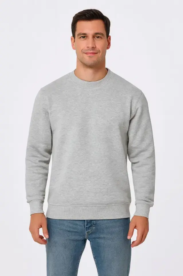 Erkek Üç İplik Düz Bisiklet Yaka SweatShirt - Gri