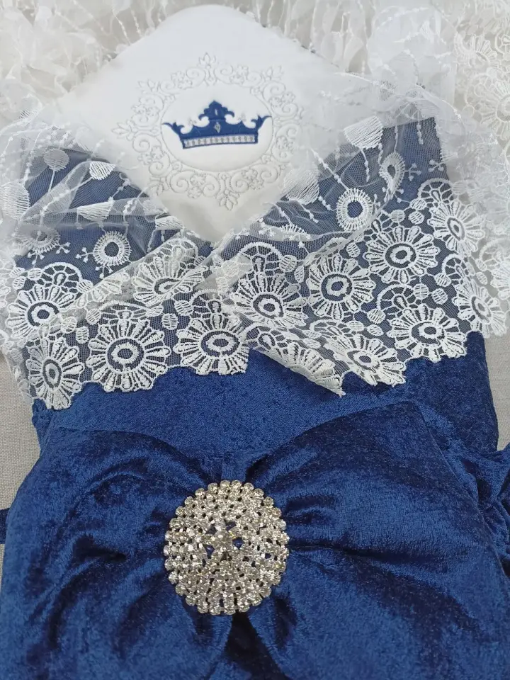 Yenidoğan Saray Kadife Taç Nakışlı İnci Fiyonklu Dantel Duvak Trilüks Kundak Bebek Battaniye