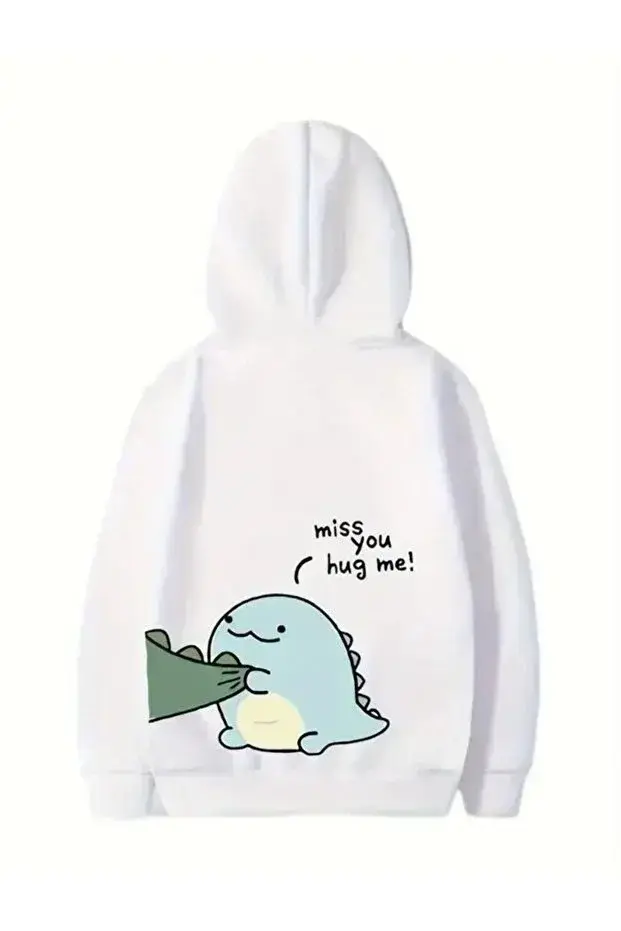 Sevgililer Günü Özel Unisex Kapüşonlu Baskılı Oversize Sweatshirt - Beyaz