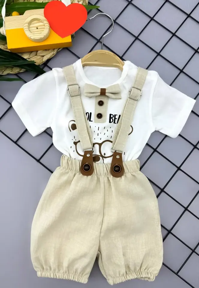 9-12-18-24 Ay Papyon Detaylı Keten Şort Salopet Tişörtlü 2li Erkek Bebek Takımı