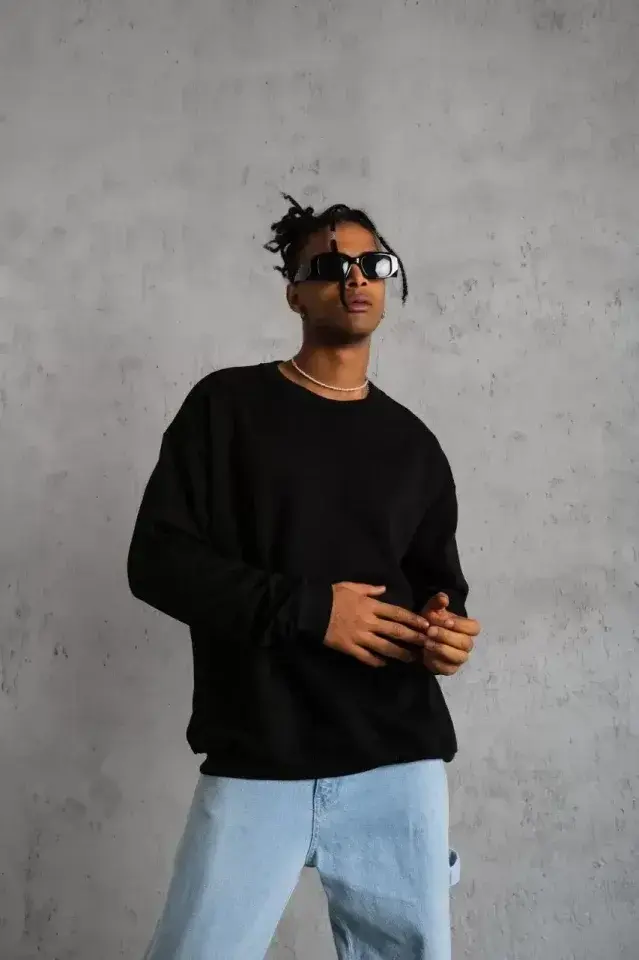 Erkek Düz Bisiklet Yaka Sweat - Siyah