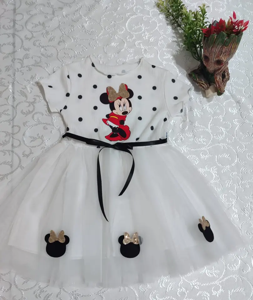 2-3-4 Yaş Puantiyeli Mickey Baskılı Kurdela Kuşaklı Astarlı Kız Bebek Tütü Elbisesi