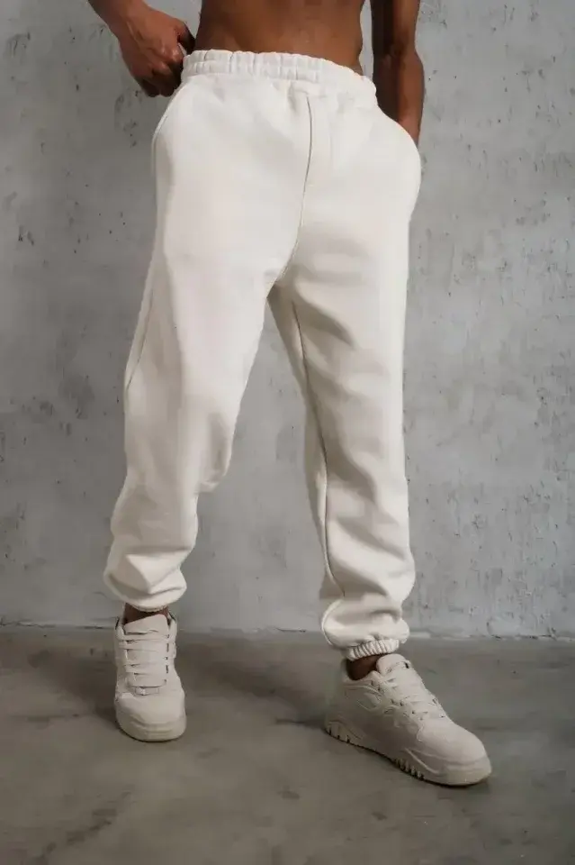 Erkek Üç İplik Alt Eşofman Lastikli - Beyaz