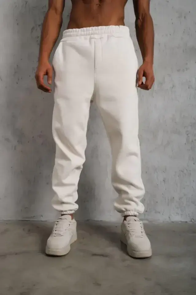 Erkek Üç İplik Alt Eşofman Lastikli - Beyaz