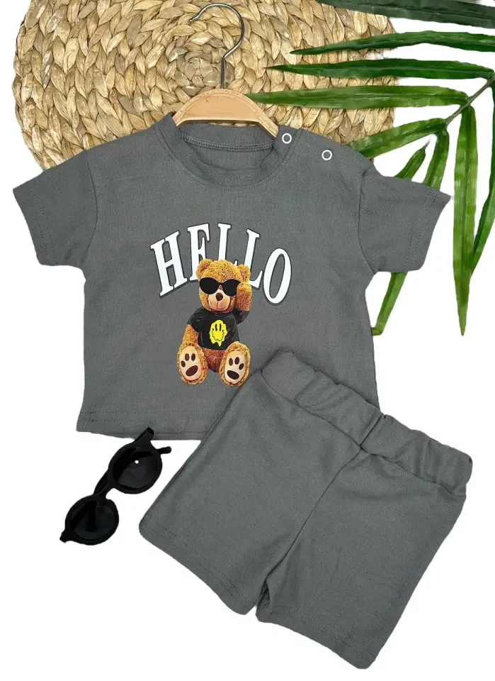 9-12-18-24 Ay Hello Gözlüklü Ayıcık Baskılı Şortlu Kısa Kollu Tişört 2li Erkek Bebek Takımı