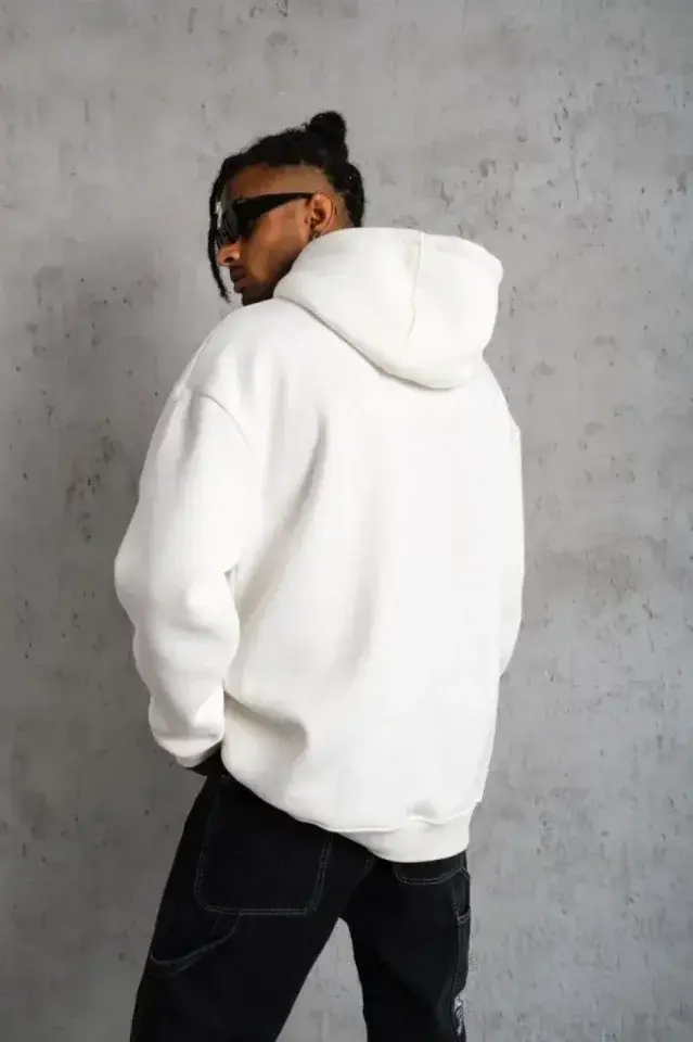 3 İplik Kapşonlu Sweatshirt Hoodie - Beyaz