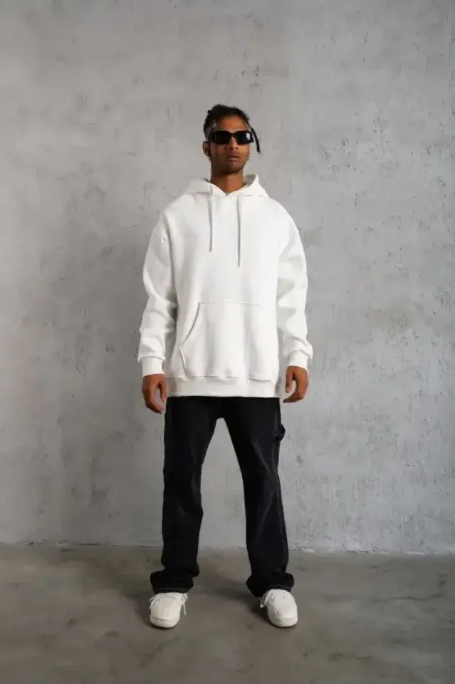 3 İplik Kapşonlu Sweatshirt Hoodie - Beyaz