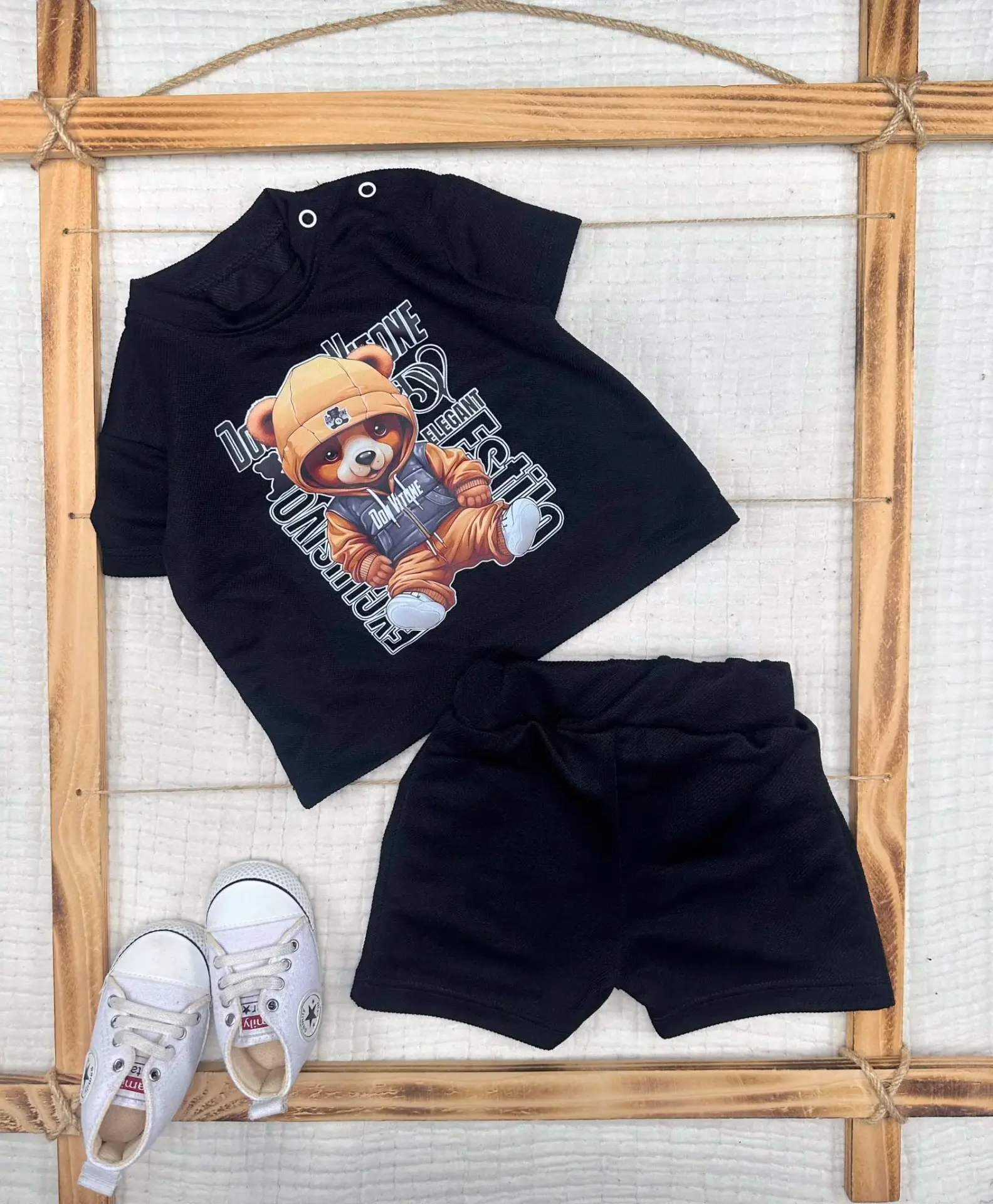 9-12-18-24 Ay Dansçı Ayıcık Baskılı Şortlu Kısa Kollu Tişört 2li Erkek Bebek Takımı