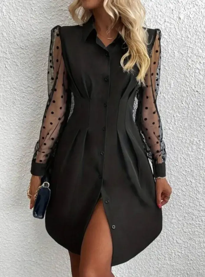 Kadın Uzun Kollu Yakalı Düğmeli Mini Ithal Krep Elbise