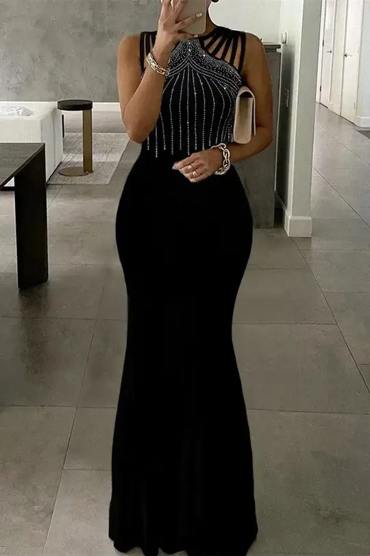 Kadın Omuz çoklu Askılı önü Taş Işlemeli Balık Kesim Janjan Krep Maxi Boy Elbise