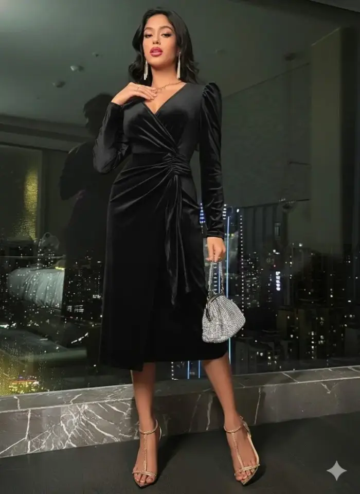 Kadın Uzun Kollu Kruvaze Yakalı Yandan Büzgülü Midi Kadife Elbise