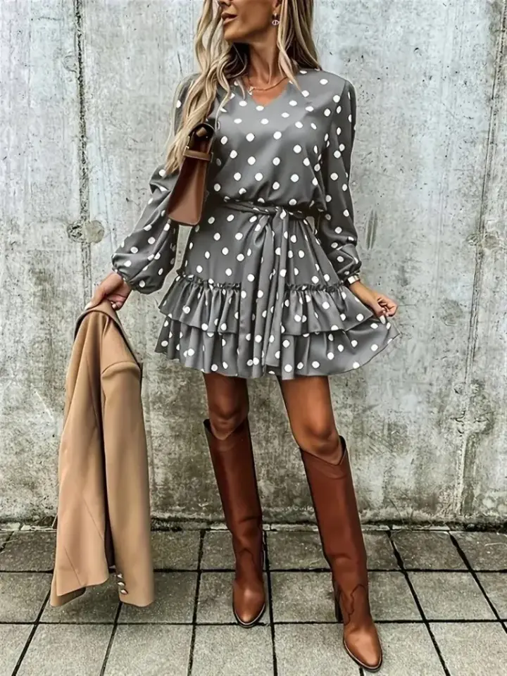 Kadın Uzun Kollu V Yakalı Belden Kuşaklı Puantiyeli Mini Modal Elbise