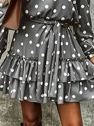 Kadın Uzun Kollu V Yakalı Belden Kuşaklı Puantiyeli Mini Modal Elbise