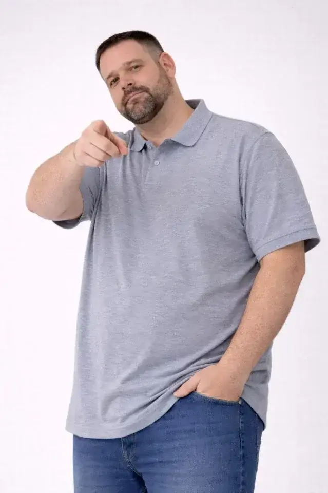 Erkek Pike Kumaş Düğmeli Yaka Battal Büyük Beden Günlük Kısa Kol Tişört T-shirt - Gri