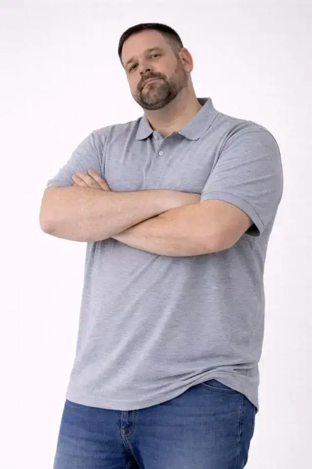 Erkek Pike Kumaş Düğmeli Yaka Battal Büyük Beden Günlük Kısa Kol Tişört T-shirt - Gri